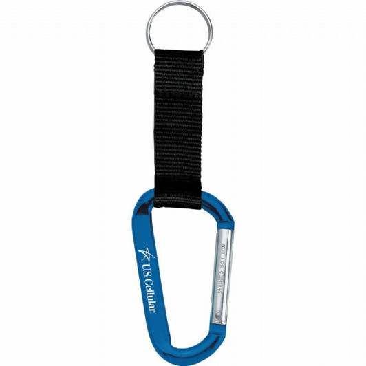 A blue carabiner with a black strap and a circular keyring attachment, featuring branding.