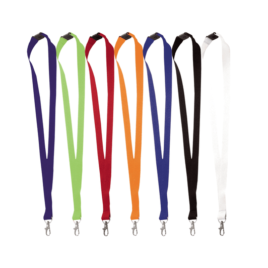 A selection of lanyards in purple, green, red, orange, blue, black, and white, each featuring a lobster clip.