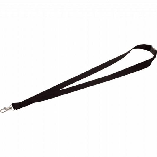 A black lanyard with a lobster clip, designed for holding items, featuring a logo.