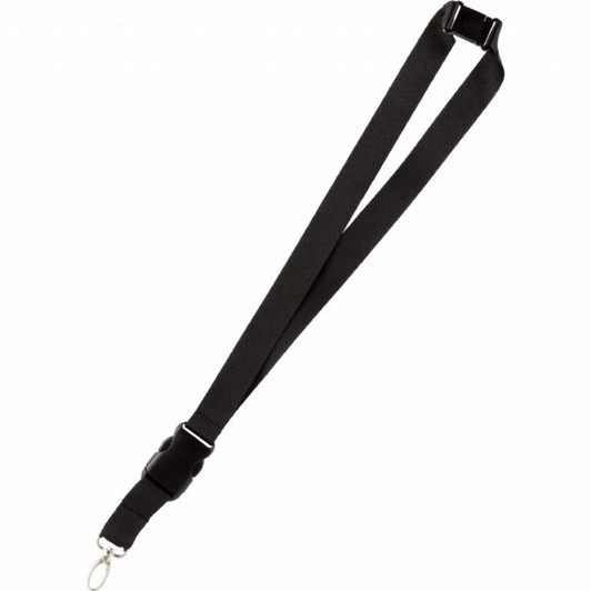 A black lanyard with a clip and adjustable buckle, designed for holding identification or badges.