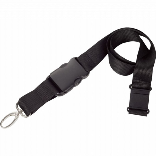 A black lanyard with a clip and a breakaway feature, suitable for exhibitions and events.