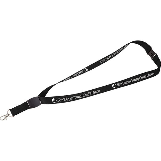A flat panel lanyard in black with a clip, featuring a logo along the length. Ideal for events and exhibitions.