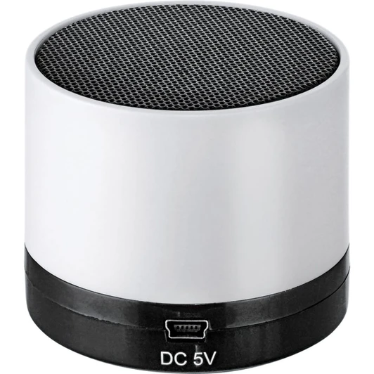A cylindrical Bluetooth speaker in white and black with a mesh top and a charging port at the base.