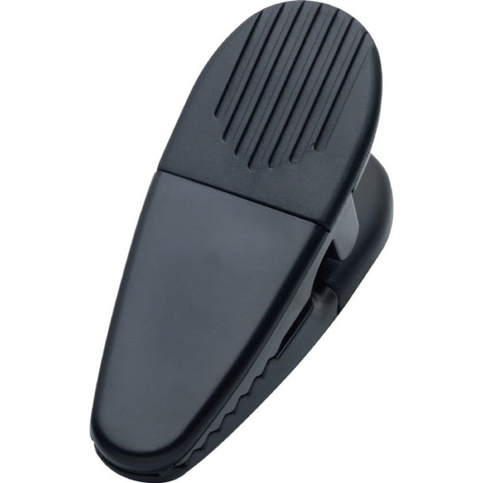 A black magnetic memo holder clip with a textured grip surface, featuring a simple design. It has a logo.