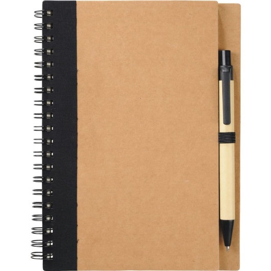 A brown spiral notebook with a black cover and a black pen attached on the side.