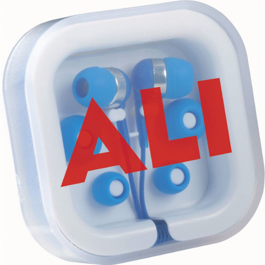 Colour Pop Earbuds in blue, displayed in a transparent case with a logo.
