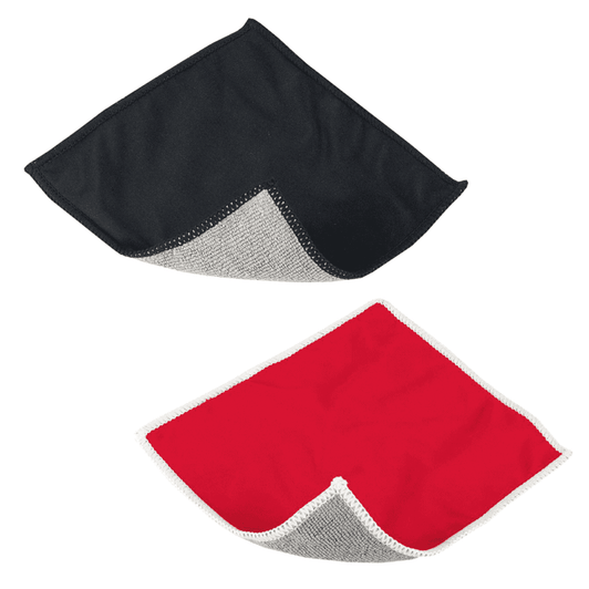 A two-sided cleaning cloth featuring black and red colours with a contrasting edge. It has a logo on one side.