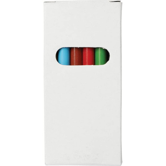 A 6-piece coloured pencil set featuring blue, green, red, brown, and other colours, presented in a white box with a cut-out.