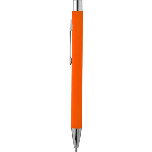 An orange metal pen with a soft touch finish and a chrome clip. The pen features a logo on its barrel.