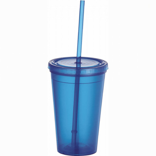 A drink bottle featuring a blue plastic tumbler with a lid and a straw. It includes a logo on the surface.