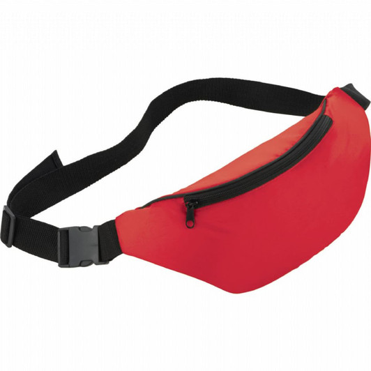 A red hipster budget fanny pack with a black adjustable strap and a zippered pocket. It features a logo.