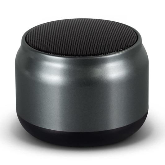 Auris Bluetooth speaker in metallic silver with a black base. Compact design with a textured top.
