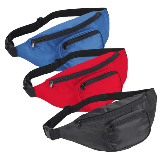 A collection of hipster deluxe fanny packs in blue, red, and black, featuring multiple zippered pockets and a logo.