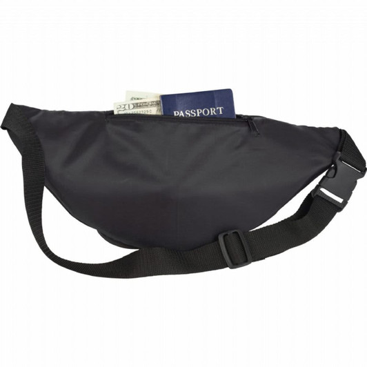 A black bum bag with a zipped compartment containing cash and a passport, featuring an adjustable strap and a logo.