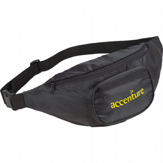 A black hipster deluxe fanny pack with a zippered front pocket and an adjustable strap. It features a logo.