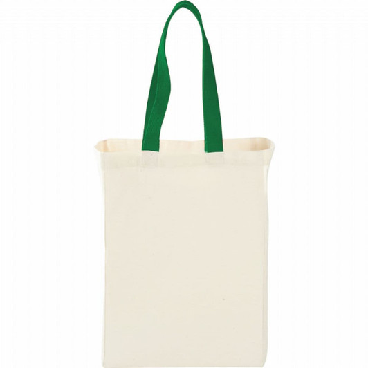 A natural cotton grocery tote bag in off-white with green handles, featuring a simple design and one logo.