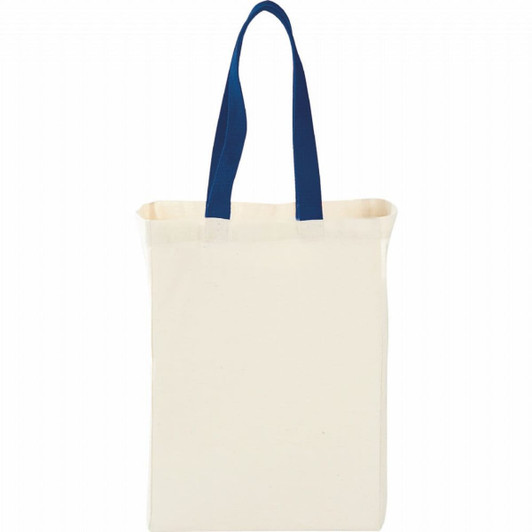 A natural cotton grocery tote bag in cream with blue handles, featuring a simple design and a logo.