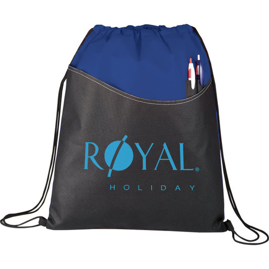 A black and blue drawstring sportspack featuring a front pocket with pens and a logo.