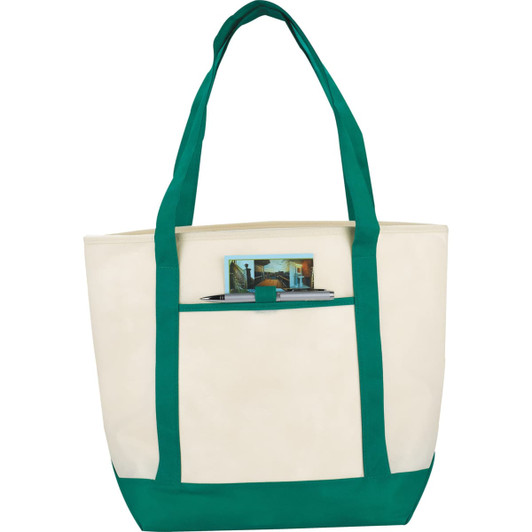 A cream tote bag with green handles featuring an interior pocket and a logo on the front.
