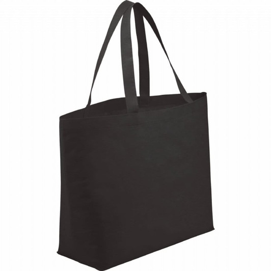 A black non-woven shopper tote bag with two shoulder straps and a spacious interior. It features a logo.