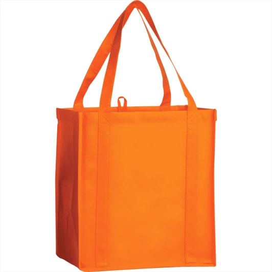 An orange non-woven grocery tote bag with two handles and a square shape, featuring a logo.