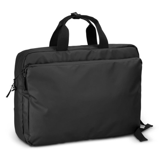 A black laptop bag with dual handles and a detachable shoulder strap, featuring a front zipped pocket and a smooth finish.