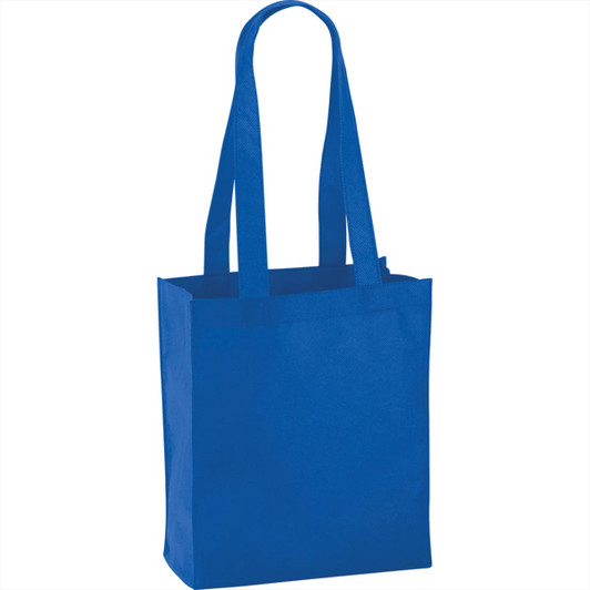 A blue non-woven tote bag with two handles and a rectangular design. It features a logo on the front.