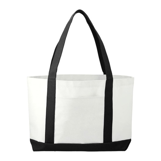 A large tote bag in white with black straps and a matching black base, featuring a logo.