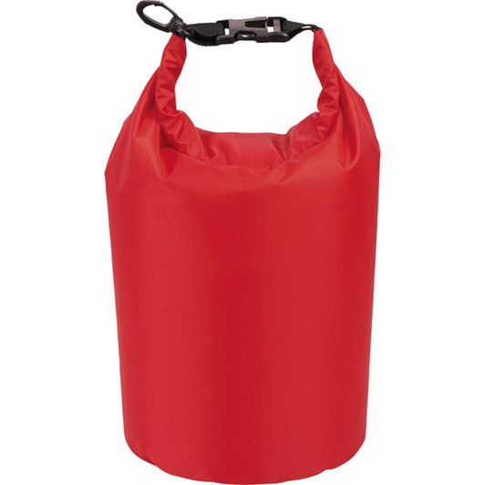 A red waterproof outdoor bag with a secure closure and a black clip handle. It has a logo on the surface.