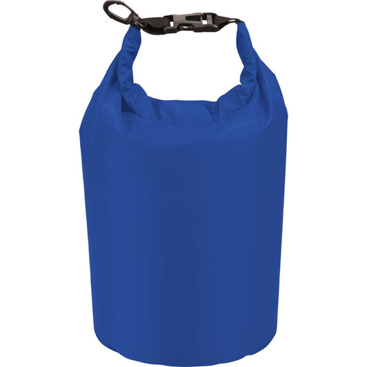 A blue waterproof outdoor bag with a roll-top closure and a clip for secure carrying. Features branding.
