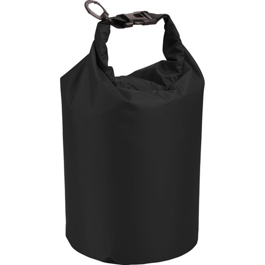A black waterproof outdoor bag, 8L capacity, featuring a clip closure and a sturdy handle. It has a logo.