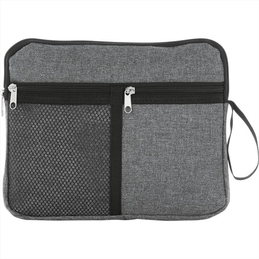 A multi-purpose travel bag in grey, featuring zippered compartments and a mesh pocket, includes a handle for easy carrying.