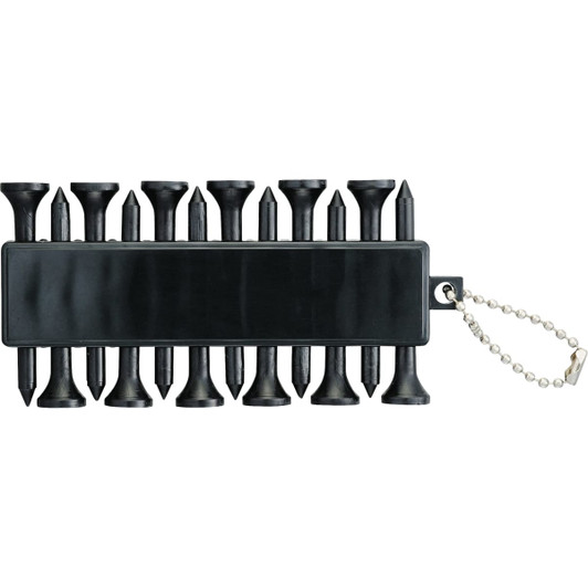 A set of black golf ball markers arranged in a holder with a keychain attachment.