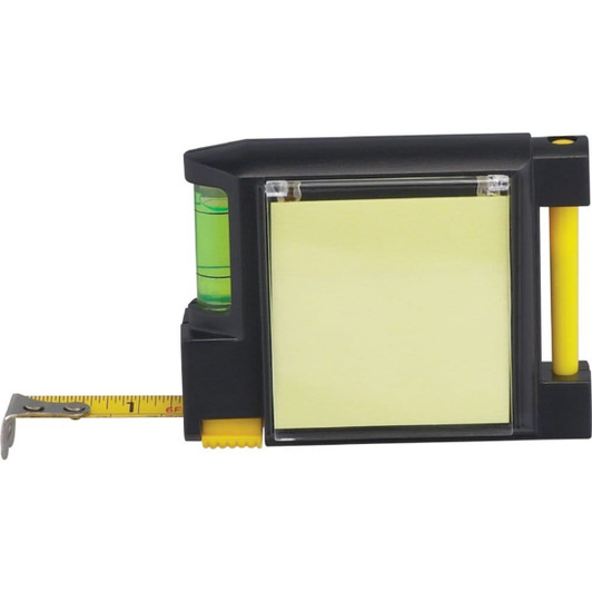 A black and yellow tape measure with a level feature and a yellow measuring tape extended. It includes a branding logo.
