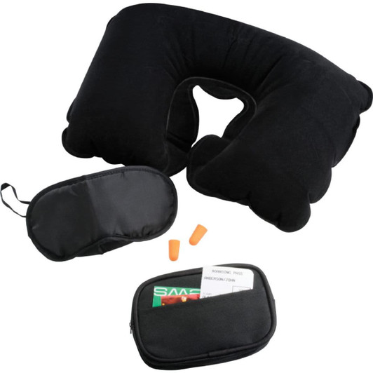 A black travel neck pillow, earplugs, and a small zippered pouch with various travel accessories.
