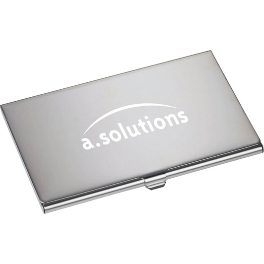 A silver business card holder with a logo on the front and a sleek, minimalist design.