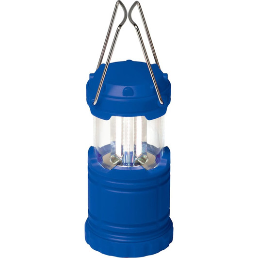 A blue mini COB pop-up lantern with a transparent body and metal hanging hooks.