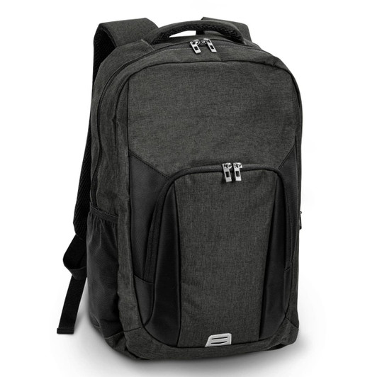 A grey and black backpack with multiple compartments and a logo. Designed for practicality and style.