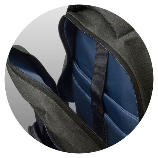 A grey backpack with blue interior compartments and padded sections. It features a logo.