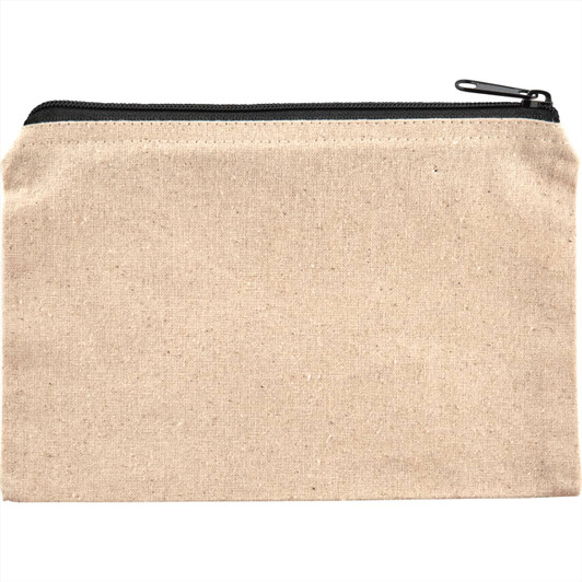 A beige cotton travel pouch with a black zipper, featuring a simple and minimalist design.