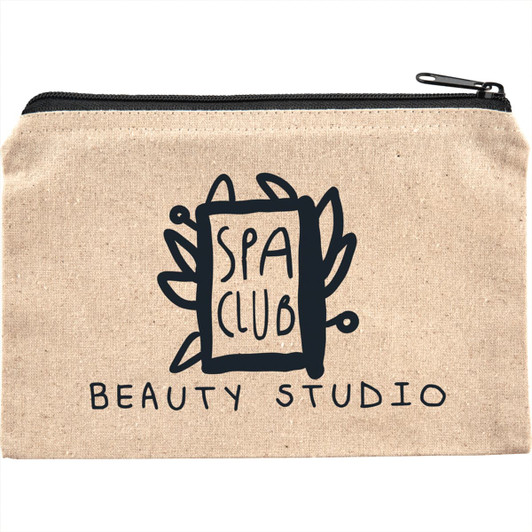 A beige cotton travel pouch with a zip closure and a logo featuring a spa-themed design.