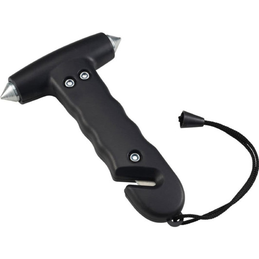 A black life-saving hammer with a textured handle and two metal points at the top, featuring a lanyard.