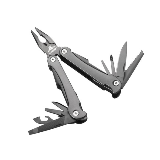 A black multi-tool with pliers, blades, and various attachments. It features a logo on its handle.