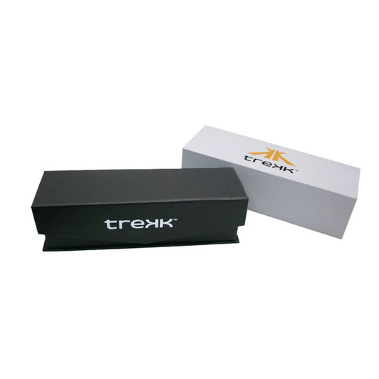 Two rectangular boxes, one black and one white, featuring a logo on the sides.