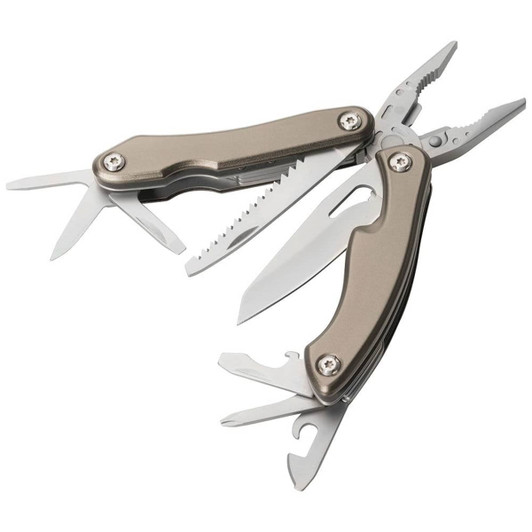 A multi-tool with pliers, blades, and various tools in grey and silver, featuring a branded logo.