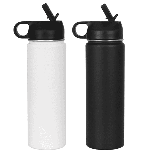 A drink bottle set featuring a white and a black stainless steel design, each with a black spout and handle.