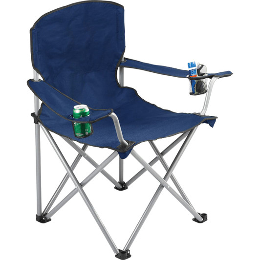 An oversized folding chair in navy blue with cup holders and a silver frame. It features a logo on the armrest.