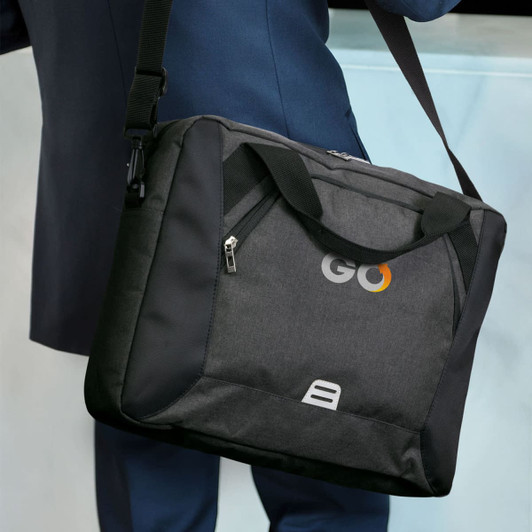 A dark grey laptop bag with black accents, featuring a shoulder strap and a logo.