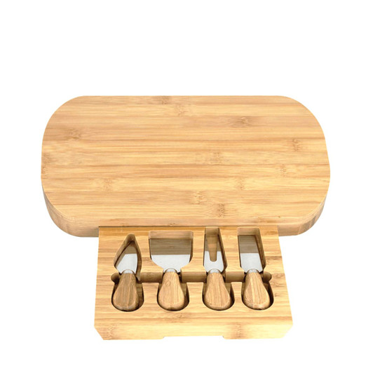 A bamboo cheeseboard set featuring a rectangular board and four wooden-handled cheese knives.