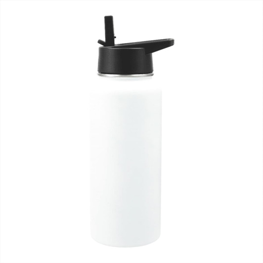 A drink bottle in white with a black cap and spout, featuring a logo. Capacity of 950ml.